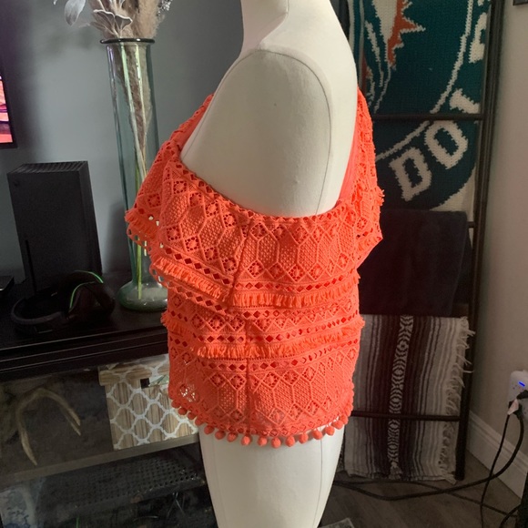 SAYLOR Bess fringe pom pom embroidered ruffle eyelet coral one shoulder - Picture 6 of 12